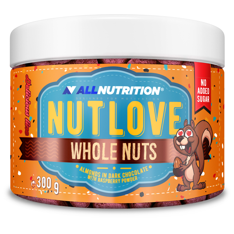 ALLNUTRITION NUTLOVE WHOLENUTS – Бадеми в тъмен шоколад, поръсени с малини